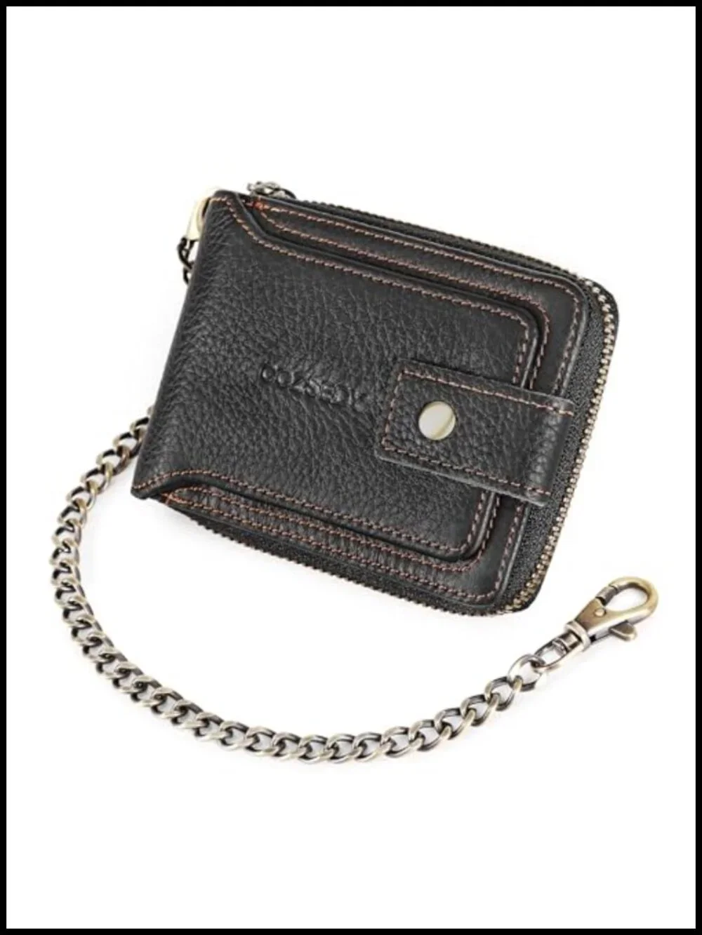 Men's RFID Blocking Leather Chain Wallet with Zipper Coin Pocket Bifold